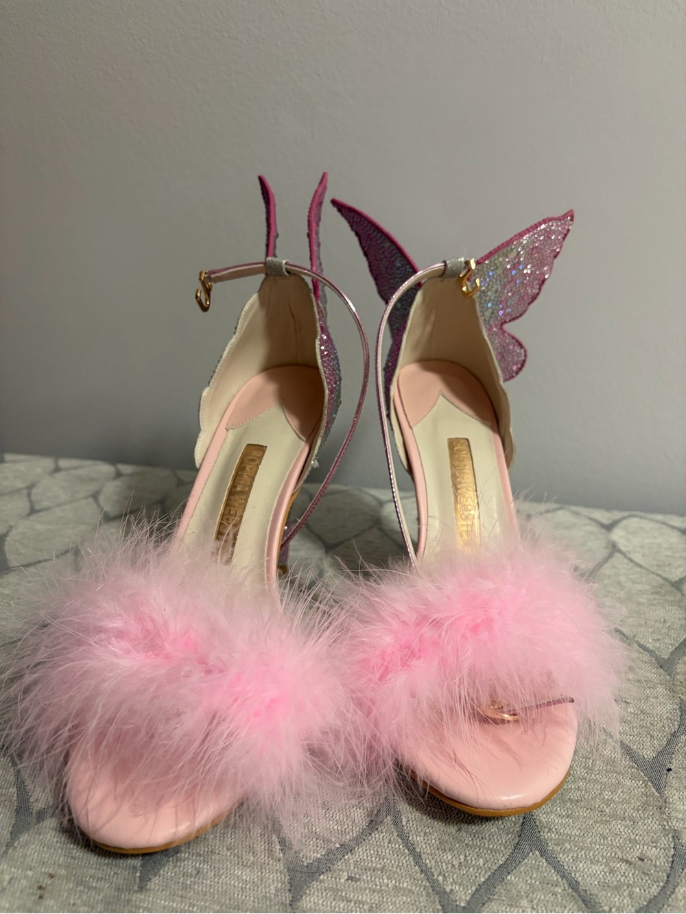 Pink Feather Butterfly Accent High Heels - Picture 2 of 4